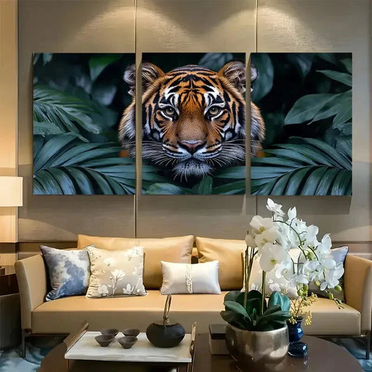3pcs Bengal Tiger Stealthily Hiding In Rainforest Metal Print Ready to Hang Art