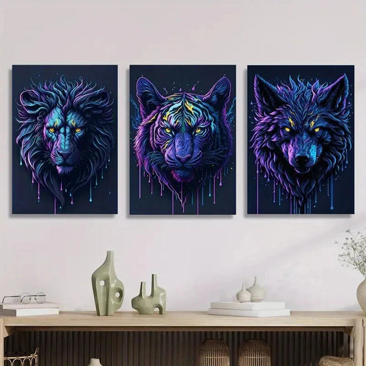 3pcs ,Portrait, Lion Tiger And Wolf, Neon Metal Print Ready to Hang Art