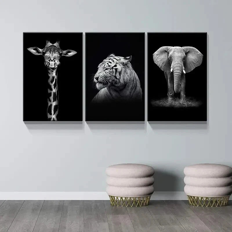 3pcs Giraffe Tiger and Elephant Picture Metal Print Ready to Hang Art