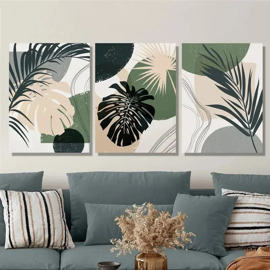 3pcs Summer Tropical Palm Leaves Geometric Line Metal Print Ready to Hang Art