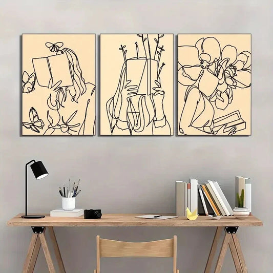3pcs Woman Reading Book Art Simple Poster Metal Print Ready to Hang Art