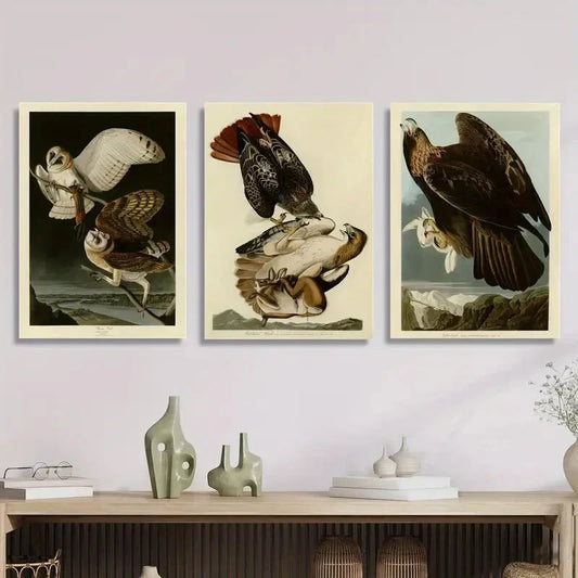 3pcs Vintage Style Birds Illustration, Metal Print Ready to Hang Art
