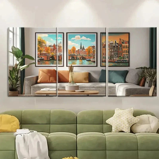 3pcs Amsterdam Canal Scene Vibrant Houses Metal Print Ready to Hang Art