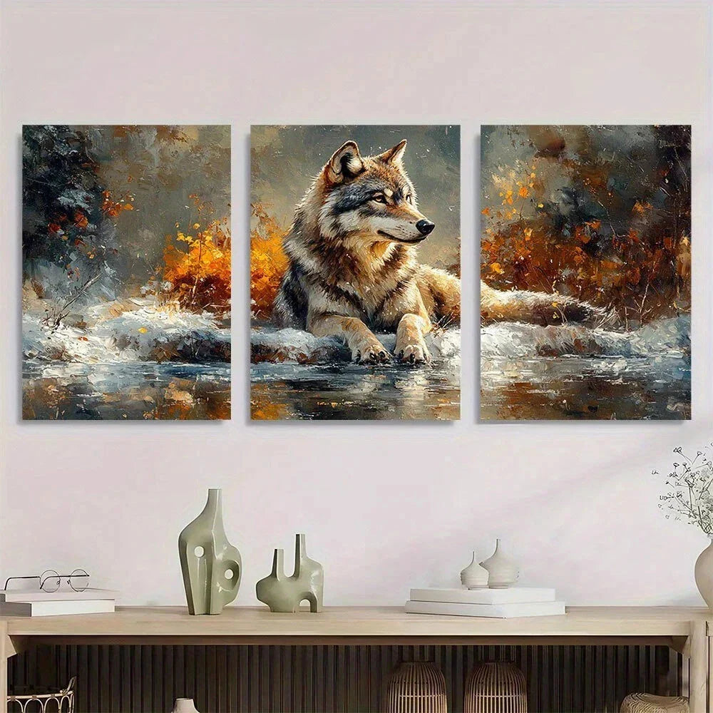 3pcs Wolf in the Snow Winter Scene Metal Print Ready to Hang Art