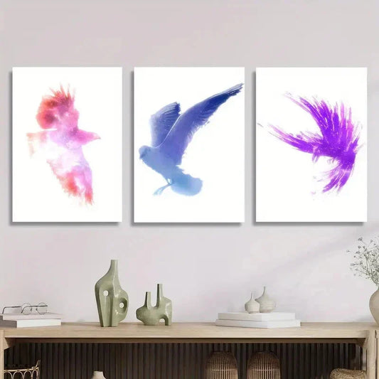 3pcs , Colorful Pigeon & Crow Illustrations Metal Print Ready to Hang Art
