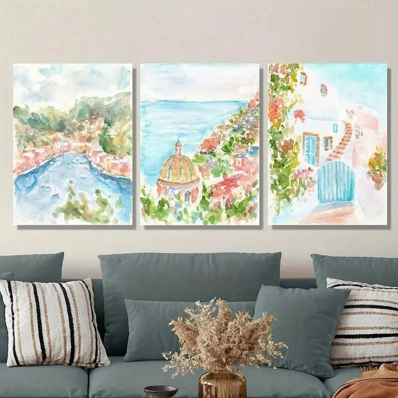3pcs coastal city watercolor art Metal Print Ready to Hang Art