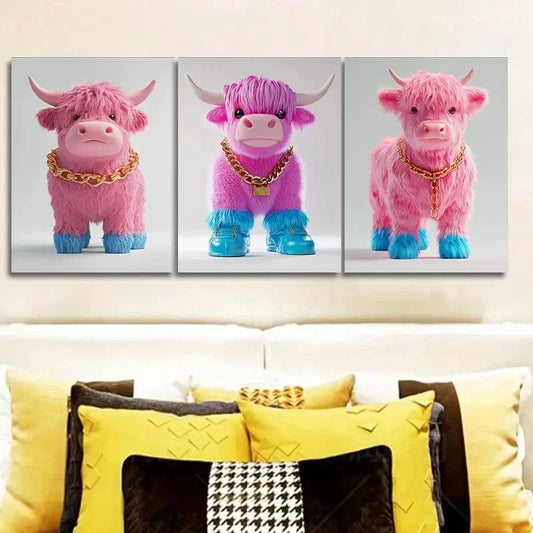 3pcs Pink Highland Cattle Wall Art Set Canvas Framed 40x60cm - High Quality Print 100% Australian Made Wall Canvas Ready to Hang