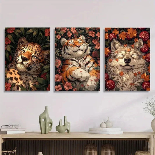 3pcs Leopard ,Tiger, Wolf Sleeping among Flowers,Metal Print Ready to Hang Art