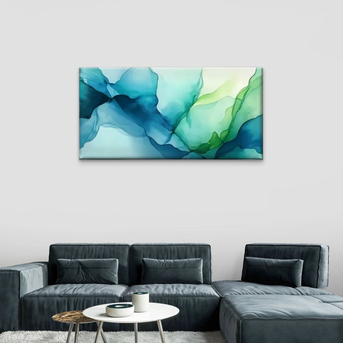 Blue Green Watercolor Abstract Wall Art Canvas Office Home Room Framed 80x45cm