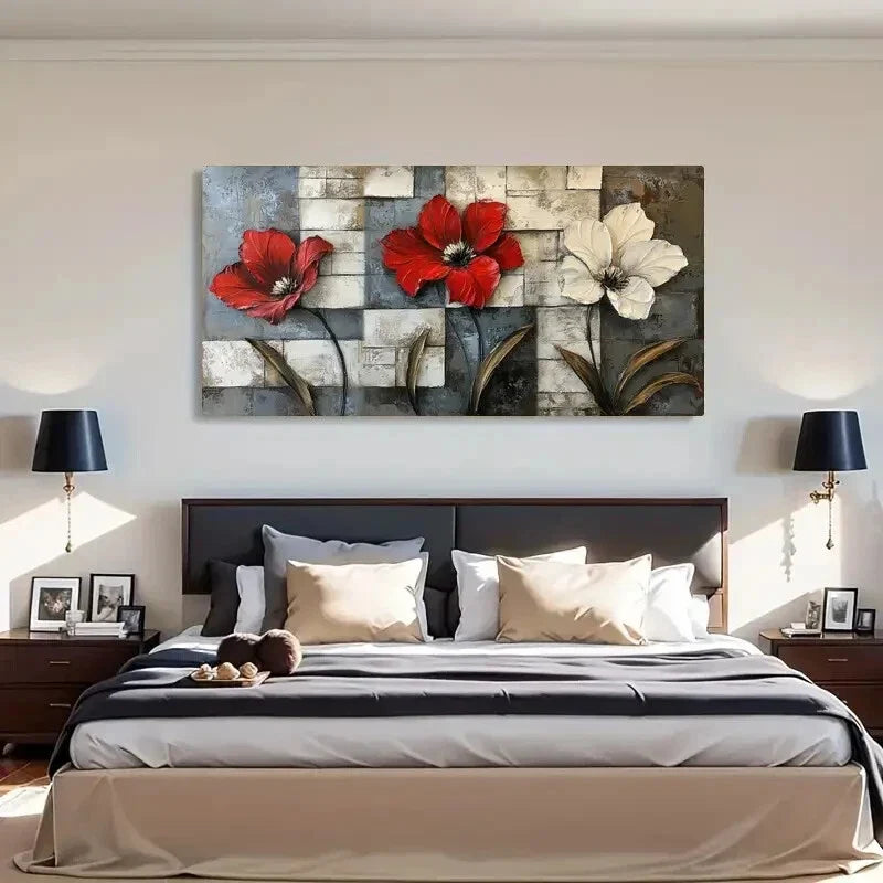 Strokes Red and White Flowers Wall Art Canvas Office Home Room Framed 120x60cm