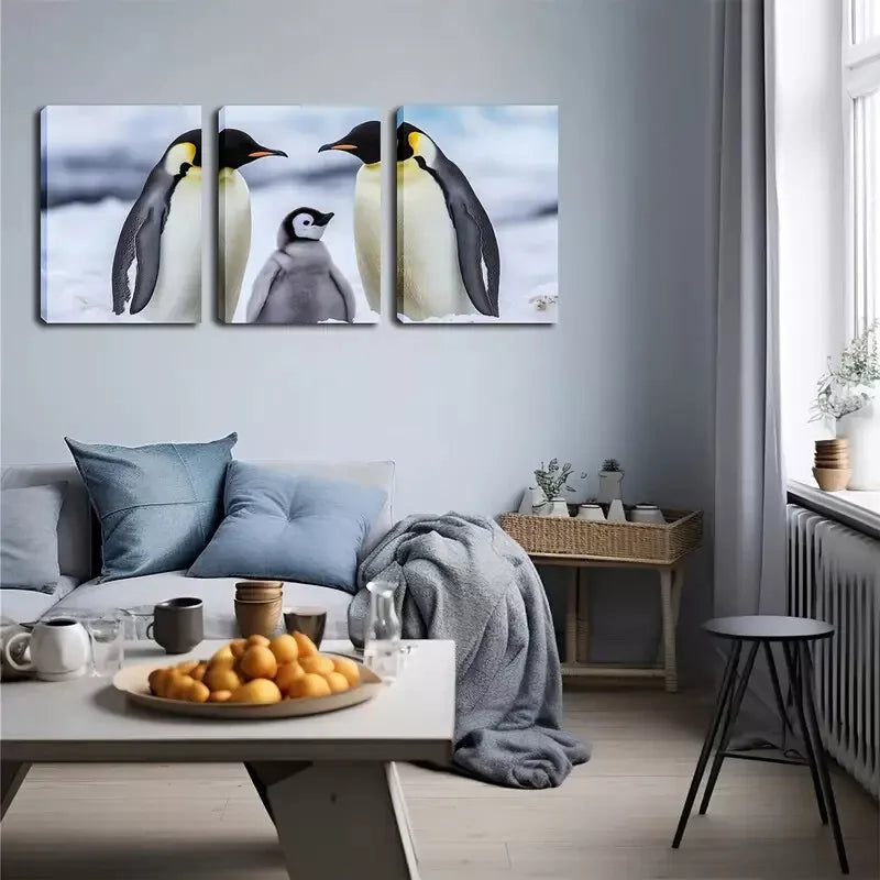 3pcs One Penguin Family Wall Art Set Canvas Framed 40x60cm - High Quality Print 100% Australian Made Wall Canvas Ready to Hang