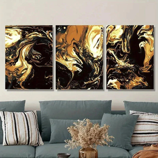 3pcs Luxurious Black & Golden Marble Metal Print Ready to Hang Art