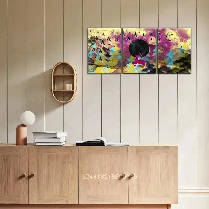 3pcs Sika deer, flying birds, beautiful scenery Metal Print Ready to Hang Art