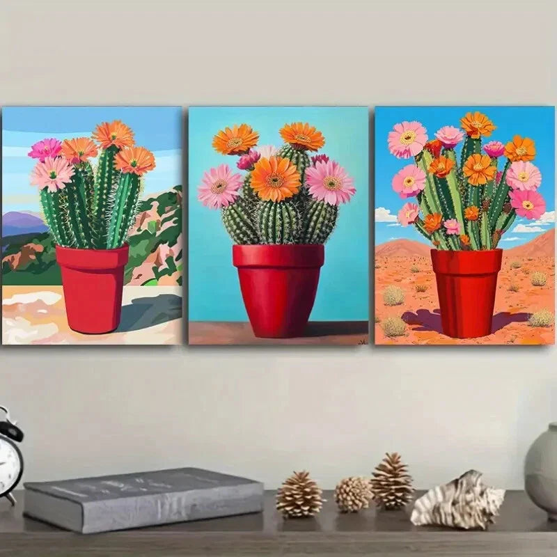3pcs Cactus Plant Art Poster Blue Sky Wall Art Set Canvas Framed 40x60cm - High Quality Print 100% Australian Made Wall Canvas Ready to Hang