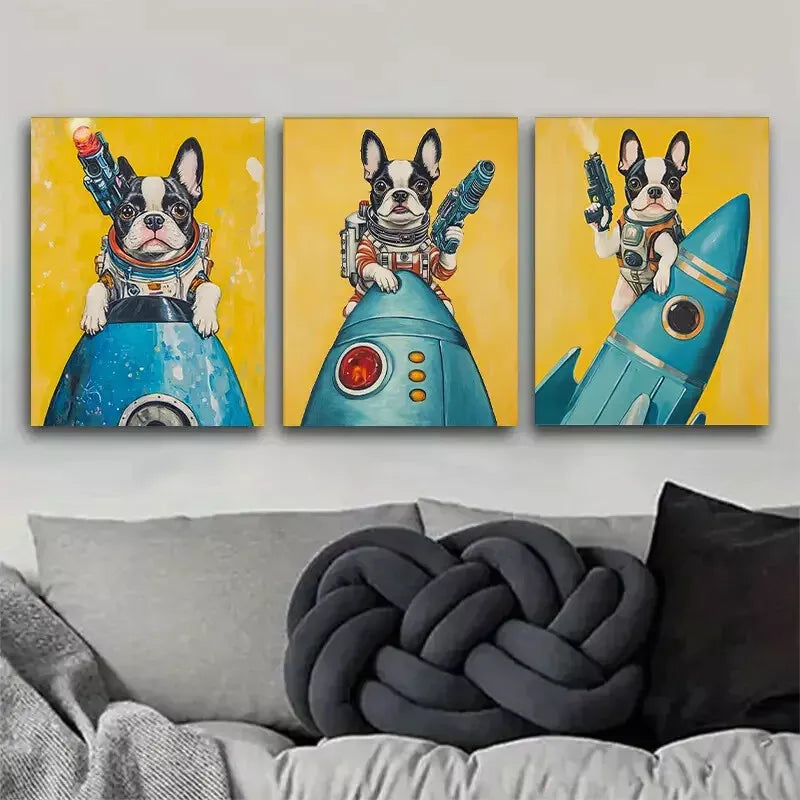 3pcs An Adorable Space-Themed Bulldog Wall Art Set Canvas Framed 40x60cm - High Quality Print 100% Australian Made Wall Canvas Ready to Hang