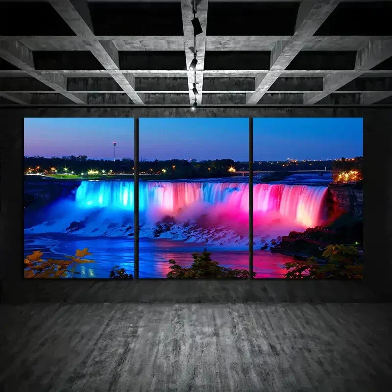 3pcs Waterfall Rainbow Vibrant Nighttime Falls Metal Print Ready to Hang Art