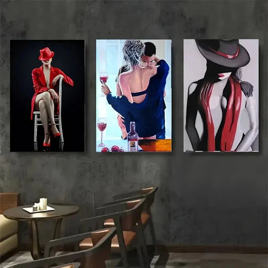 3pcs Women in Red & Black, Wine Glass, Hats Wall Art Set Canvas Framed 40x60cm - High Quality Print 100% Australian Made Wall Canvas Ready to Hang