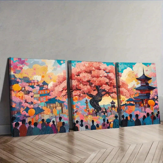 3pcs Traditional Asian Pagoda Wall Art Set Canvas Framed 40x60cm - High Quality Print 100% Australian Made Wall Canvas Ready to Hang