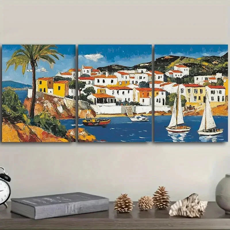 3pcs Caribbean houses and boats Wall Art Set Canvas Framed 40x60cm - High Quality Print 100% Australian Made Wall Canvas Ready to Hang