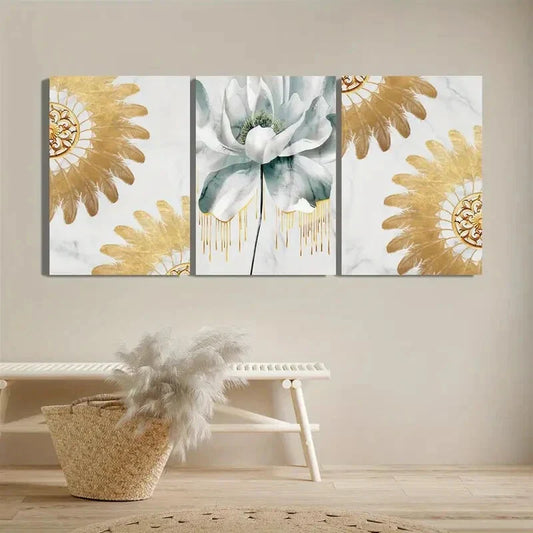 3pcs Gilt Floral Art Now Light Luxury Floral Metal Print Ready to Hang Art