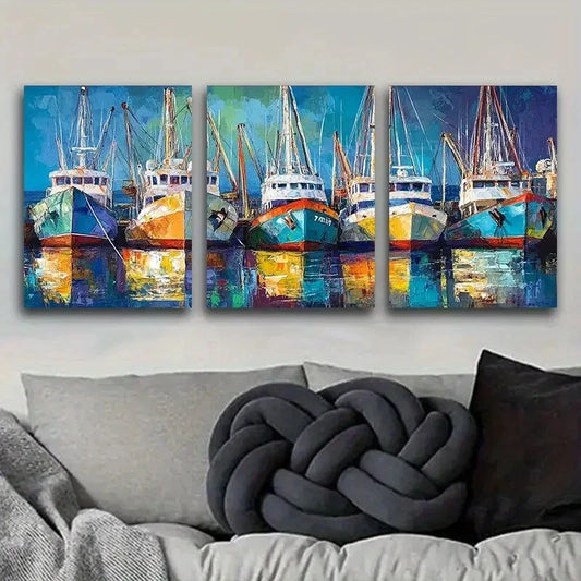 3pcs Fishing boats docked in port Metal Print Ready to Hang Art