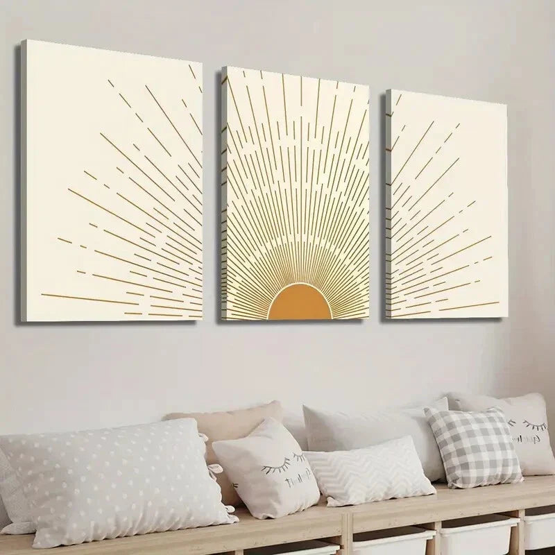 3pcs Abstract Geometric Sun Wall Art Set Canvas Framed 40x60cm - High Quality Print 100% Australian Made Wall Canvas Ready to Hang