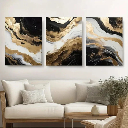 3pcs Black and White Abstract Black Golden Metal Print Ready to Hang Art
