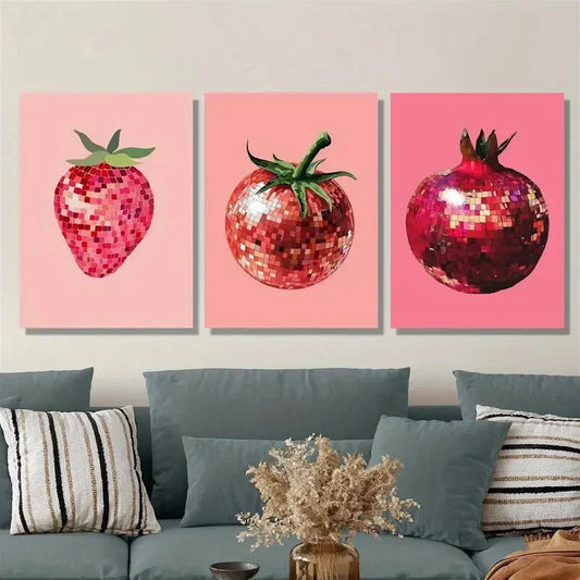 3pcs strawberry, tomato and pomegranate, disco Metal Print Ready to Hang Art