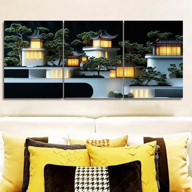 3pcs Ancient architecture Art Painting Metal Print Ready to Hang Art