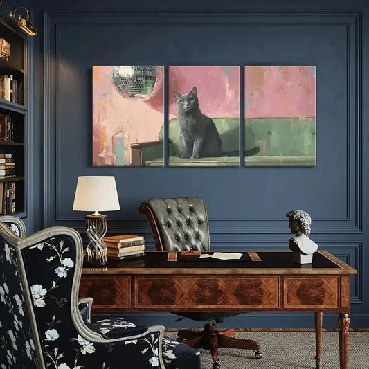 3pcs Artistic Cat Disco Ball Abstract Background Metal Print Ready to Hang Art