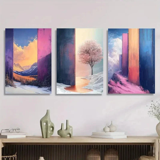 3pcs ,Cherry Blossoms & Color Block Graffiti, Metal Print Ready to Hang Art