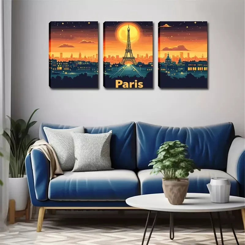 3pcs Eiffel Tower at Dusk Wall Art Set Canvas Framed 40x60cm - High Quality Print 100% Australian Made Wall Canvas Ready to Hang