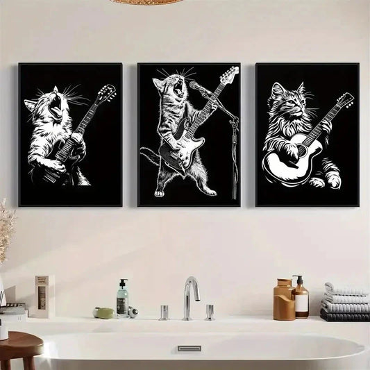 3pcs Rock Cat Guitarist Black & White Line Metal Print Ready to Hang Art