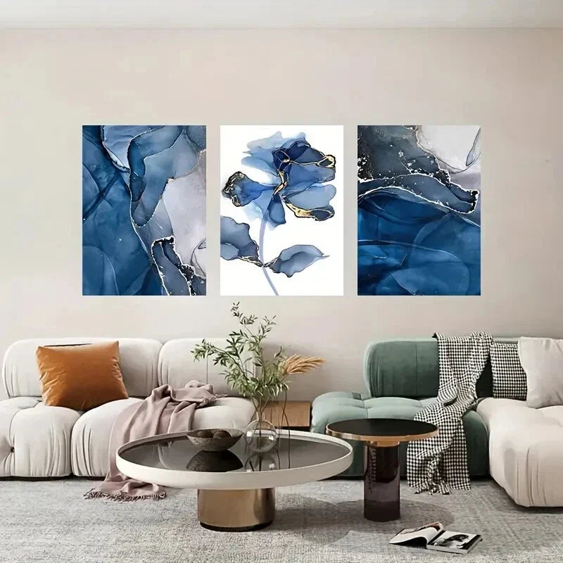 3pcs Abstract Blue Flower & Waterfall Metal Print Ready to Hang Art