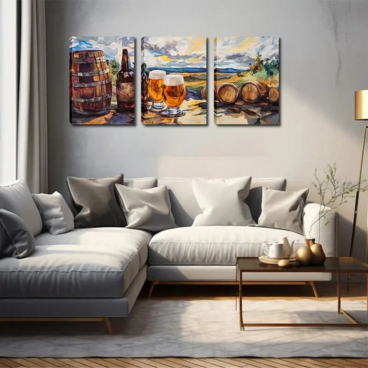 3pcs wooden keg and beer , Wall Art Set Canvas Framed 40x60cm - High Quality Print 100% Australian Made Wall Canvas Ready to Hang