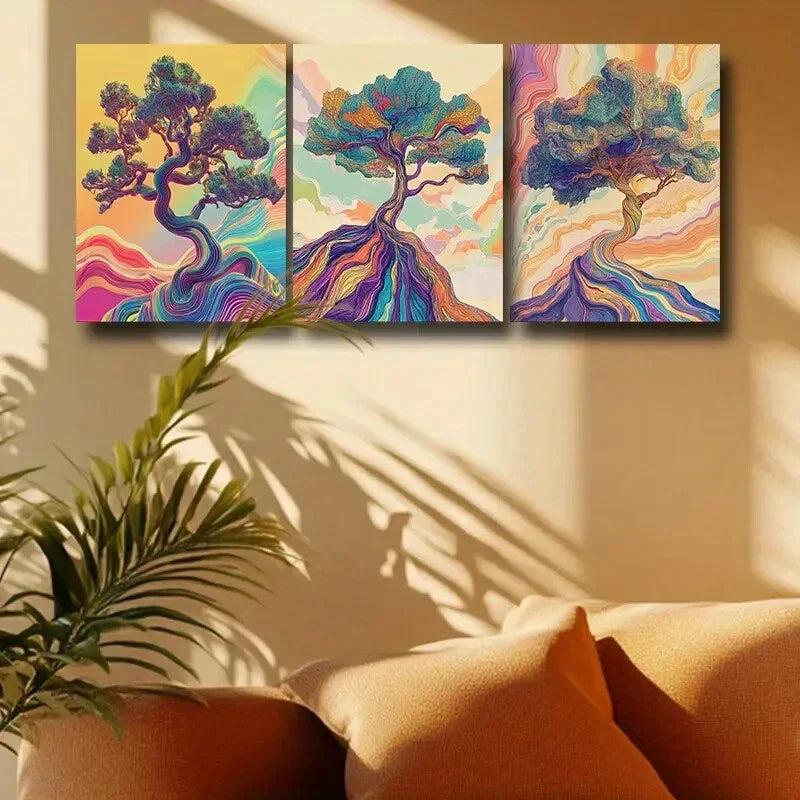 3pcs Modern Colorful Abstract Tree Design Metal Print Ready to Hang Art