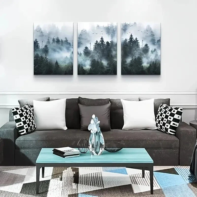 3pcs Landscape Foggy Forest Trees Metal Print Ready to Hang Art