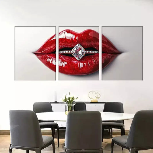 3pcs Glamorous Modern Red Lips with Diamond Rings Wall Art Set Canvas Framed 40x60cm - High Quality Print 100% Australian Made Wall Canvas Ready to Hang