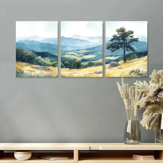 3pcs Watercolor Landscape with Rolling Hills Metal Print Ready to Hang Art