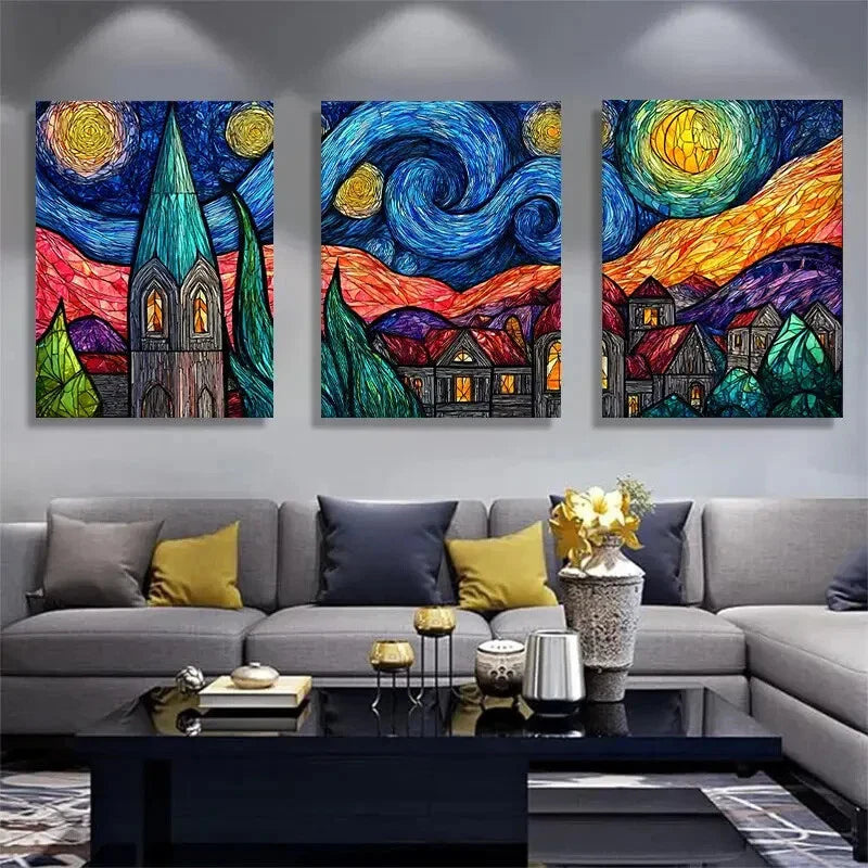 3pcs Stained Glass Starry Night Van Gogh Metal Print Ready to Hang Art