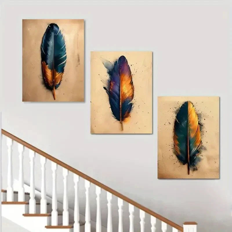 3pcs Feathers Painting Metal Print Ready to Hang Art