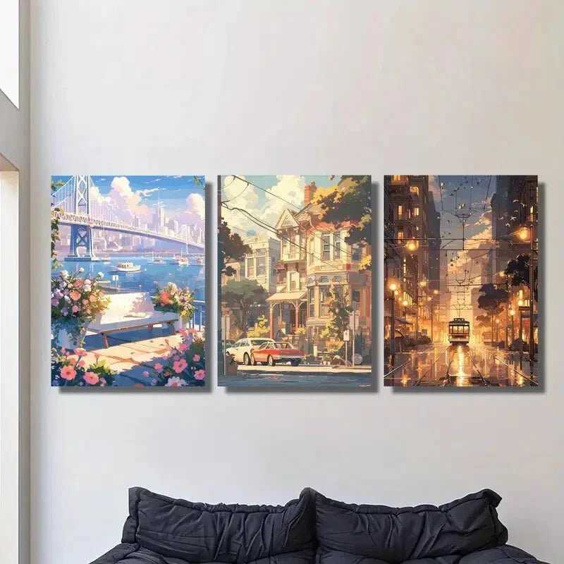 3pcs City Scenery in Animation, Metal Print Ready to Hang Art