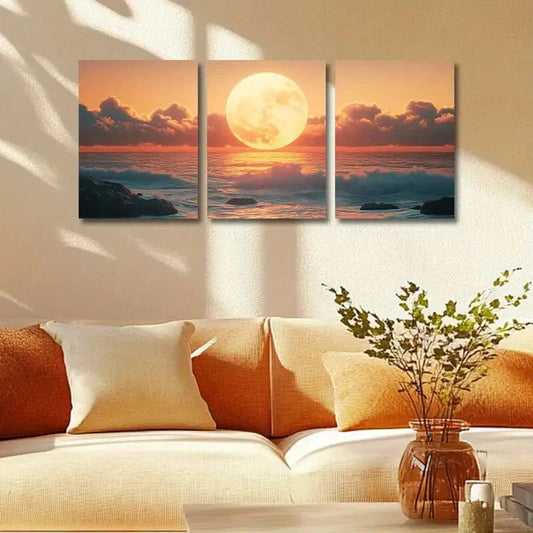 3pcs Vibrant Moonrise over Ocean with Waves Metal Print Ready to Hang Art
