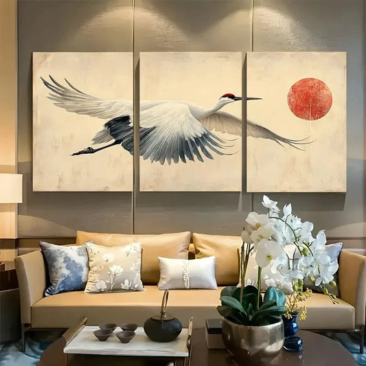 3pcs Japanese Crane & Moonlit Flight Metal Print Ready to Hang Art