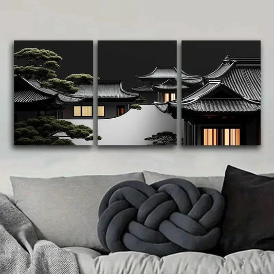 3pcs Ancient Architecture Art Painting Metal Print Ready to Hang Art