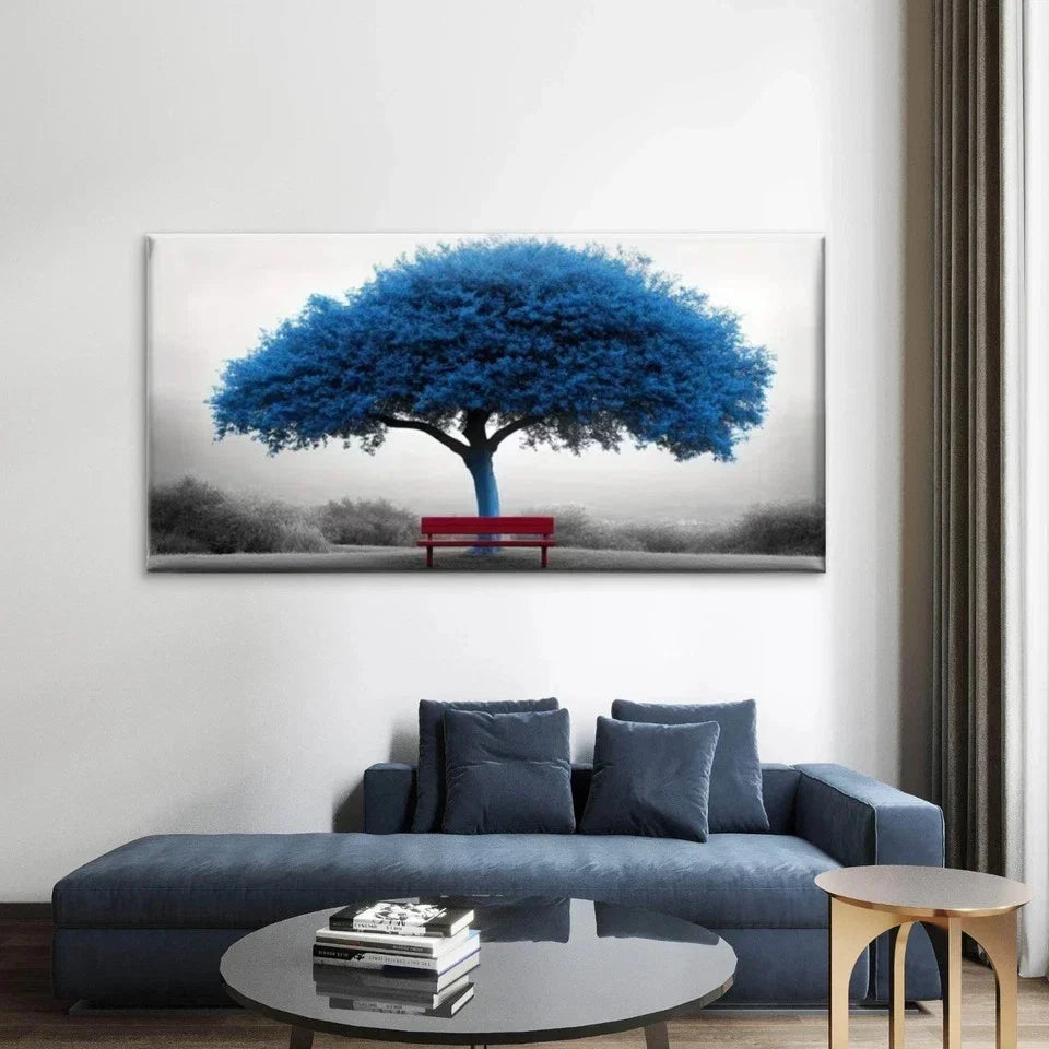 Blue Tree & Red Bench Landscape Wall Art Canvas Office Home Room Framed 80x45cm
