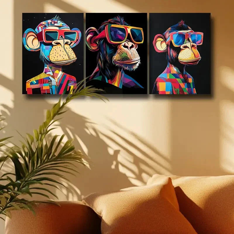 3pcs Fashion Glasses Monkey Print Ready to Hang Art