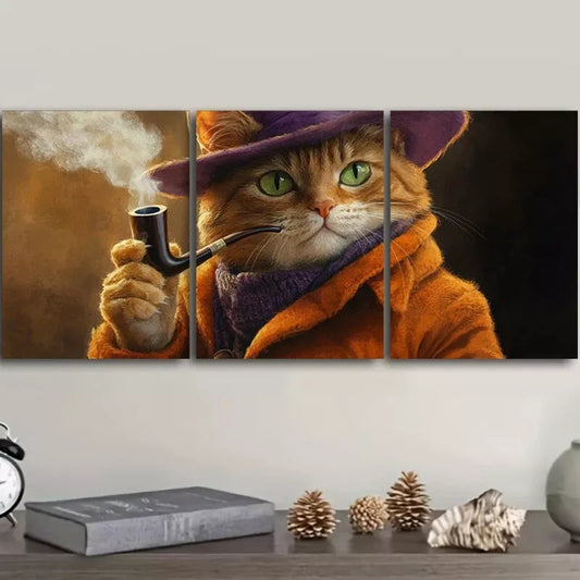 3pcs A Cat With A Pipe Smoke Orange Cat Wall Art Set Canvas Framed 40x60cm - High Quality Print 100% Australian Made Wall Canvas Ready to Hang