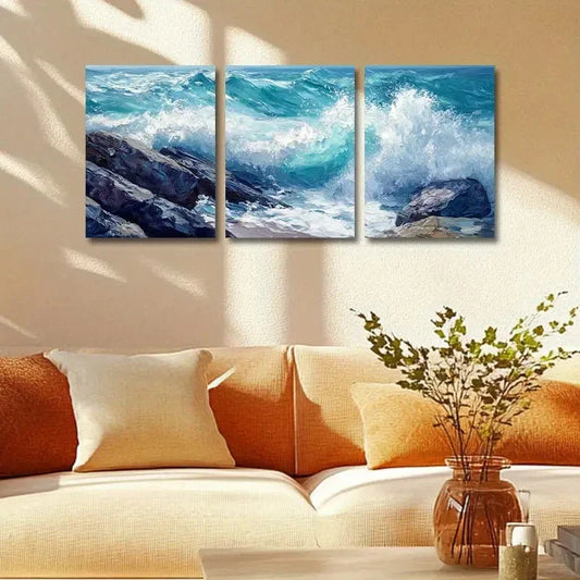 3pcs Ocean Waves Crashing Against Rocks Metal Print Ready to Hang Art