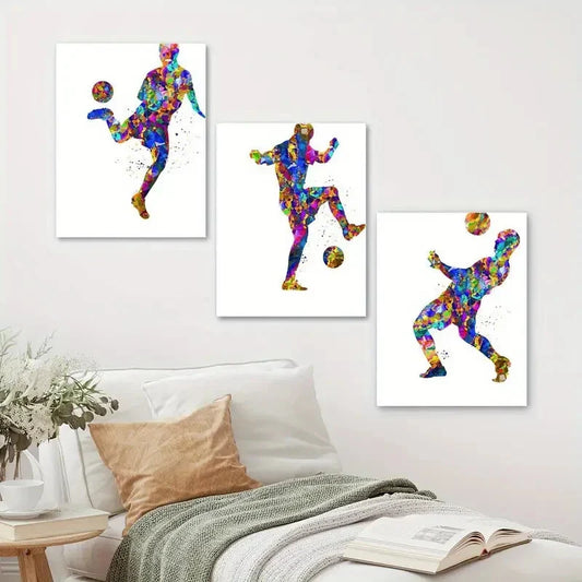 3pcs Colorful Watercolor Football Design Metal Print Ready to Hang Art